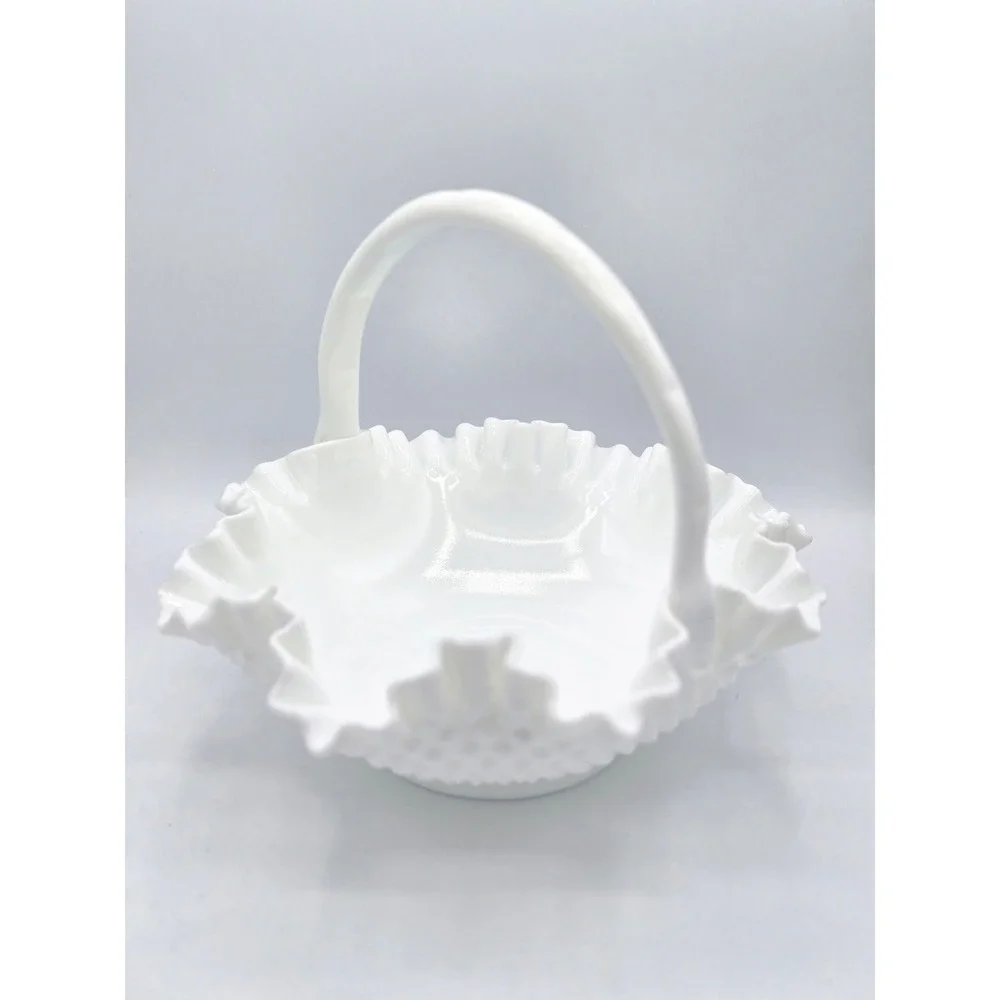 Vintage Fenton Milk Glass Hobnail‎ Basket - 12